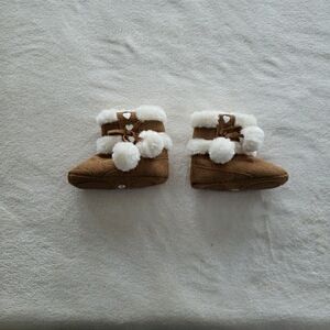 Tan Suede Baby Booties with Pom Poms Size 12-18 Months